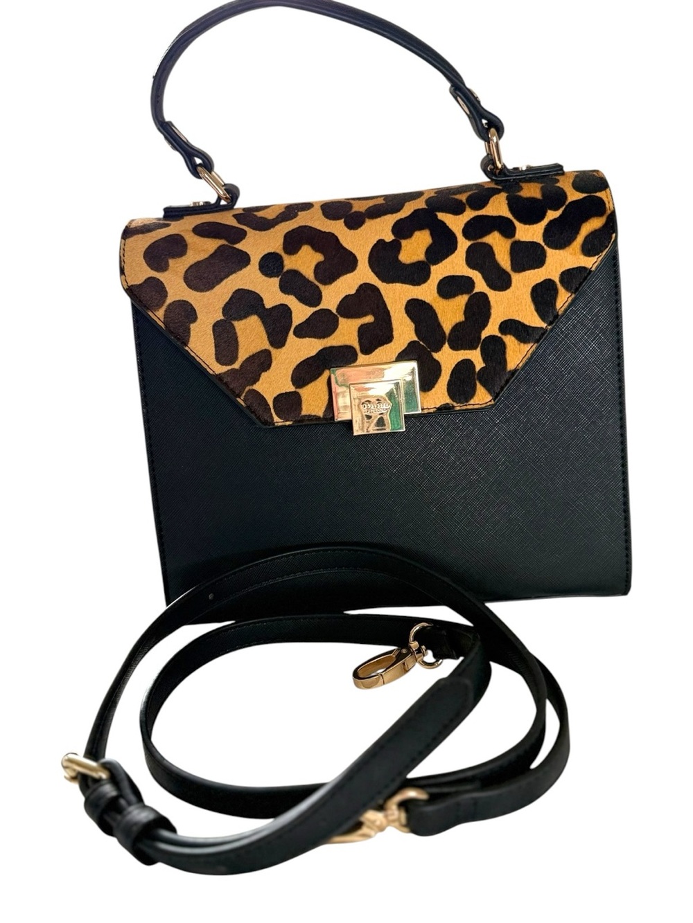 Dune London Black Satchel with Leopard-Print Flap